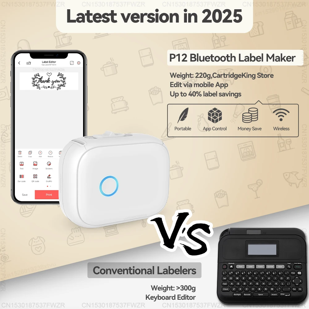 Marklife P12 Thermal Label Printer Auto Cut Portable Mini Printer P12 Adhesive Sticker Labeling Machine or 5PK Continuous Tape 