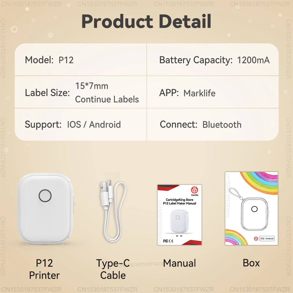 Marklife P12 Thermal Label Printer Auto Cut Portable Mini Printer P12 Adhesive Sticker Labeling Machine or 5PK Continuous Tape 