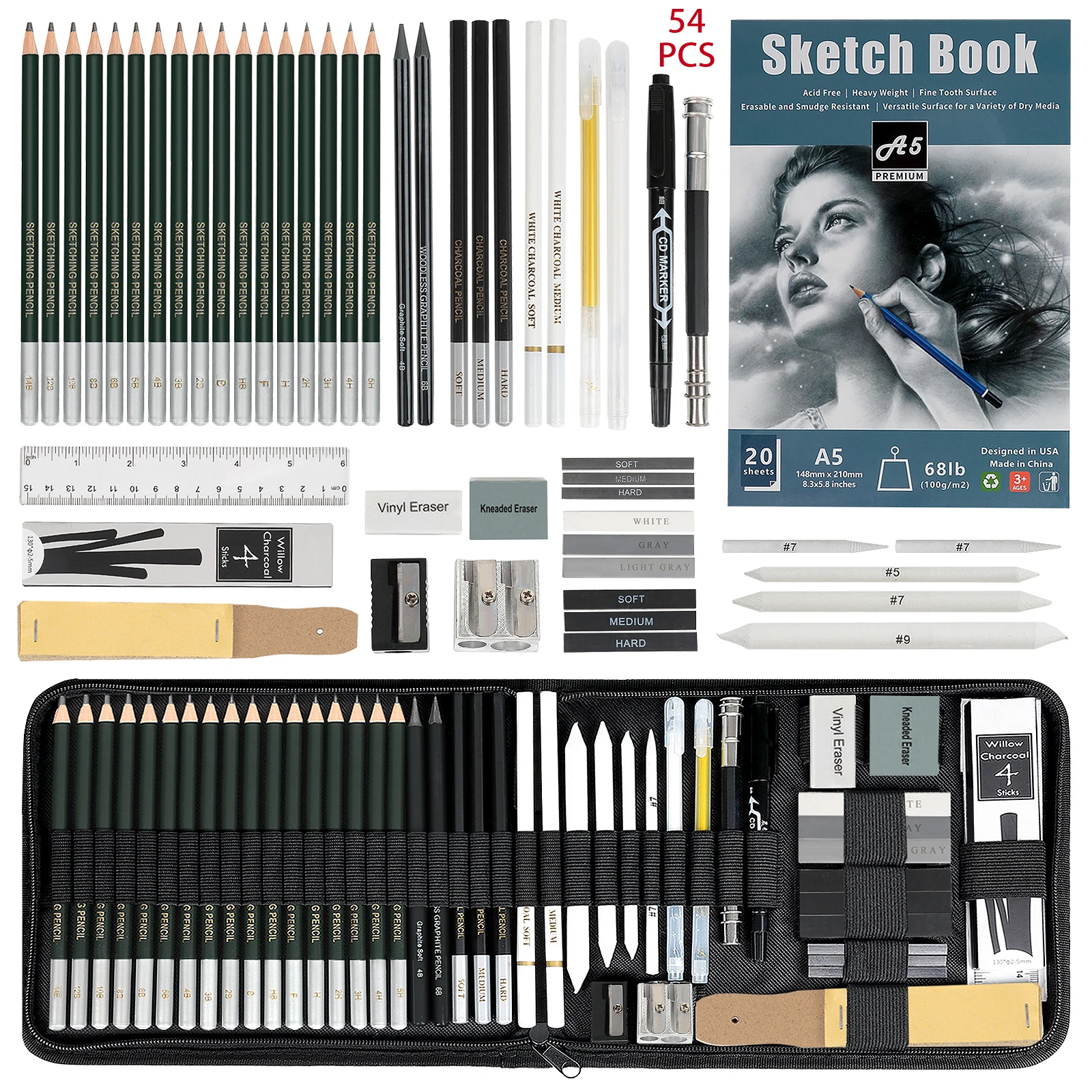 Drawing & Sketching Pencil Kit — Graphite, Charcoal & Blending Tools